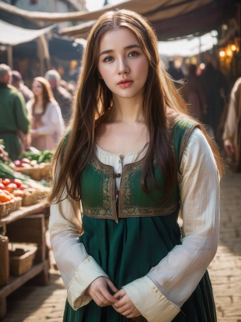 A pretty girl in a crowded medieval market, market vendors, upper body, detailed clothes, green eyes, long flowing hair, shiny skin, subsurface scattering, (sharp:0. 7), ultra-detailed, real-life texture, dramatic lighting, dynamic composition, unreal engine, Nikon D850,   <lora:3un_SDXL_v1-0000010:1:1>