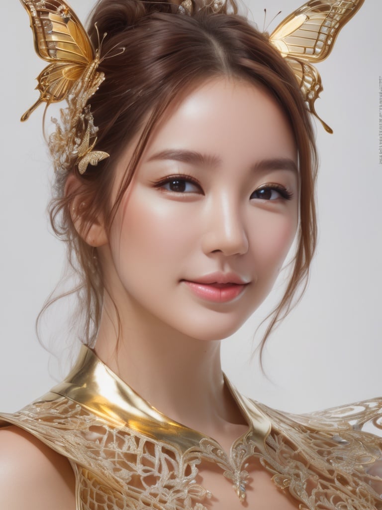 8k portrait of beautiful cyborg with brown hair, intricate,smiling, elegant, highly detailed, majestic, digital photography, art by artgerm and ruan jia and greg rutkowski surreal painting gold butterfly filigree, broken glass, (masterpiece, sidelighting, finely detailed beautiful eyes: 1.2), hdr, <lora:3un_SDXL_v1-0000010:1:1>