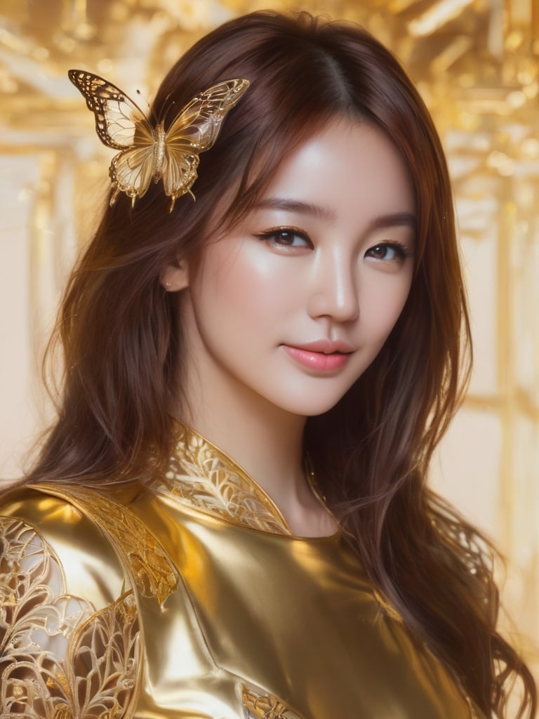 8k portrait of beautiful cyborg with brown hair, intricate,smiling, elegant, highly detailed, majestic, digital photography, art by artgerm and ruan jia and greg rutkowski surreal painting gold butterfly filigree, broken glass, (masterpiece, sidelighting, finely detailed beautiful eyes: 1.2), hdr, <lora:3un_SDXL_v1-0000010:1:1>