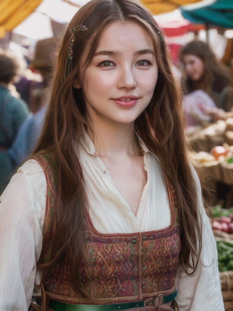 A pretty girl in a crowded medieval market, smiling,market vendors, upper body, detailed clothes, green eyes, long flowing hair, shiny skin, subsurface scattering, (sharp:0. 7), ultra-detailed, real-life texture, dramatic lighting, dynamic composition, unreal engine, Nikon D850,   <lora:3un_SDXL_v1-0000010:1:1>