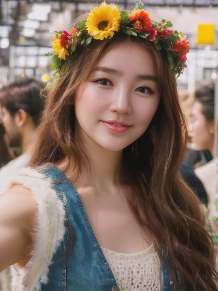 A pretty girl in a crowded luxury market,wear a flower  crown, smiling,market vendors, upper body, detailed clothes, green eyes, long flowing hair, shiny skin, subsurface scattering, (sharp:0. 7), ultra-detailed, real-life texture, dramatic lighting, dynamic composition, unreal engine, Nikon D850,   <lora:3un_SDXL_v1-0000010:1:1>