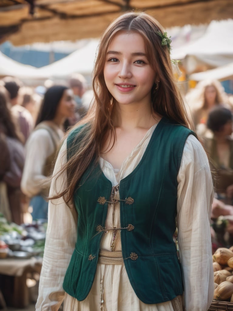 A pretty girl in a crowded medieval market, smiling,market vendors, upper body, detailed clothes, green eyes, long flowing hair, shiny skin, subsurface scattering, (sharp:0. 7), ultra-detailed, real-life texture, dramatic lighting, dynamic composition, unreal engine, Nikon D850,   <lora:3un_SDXL_v1-0000010:1:1>