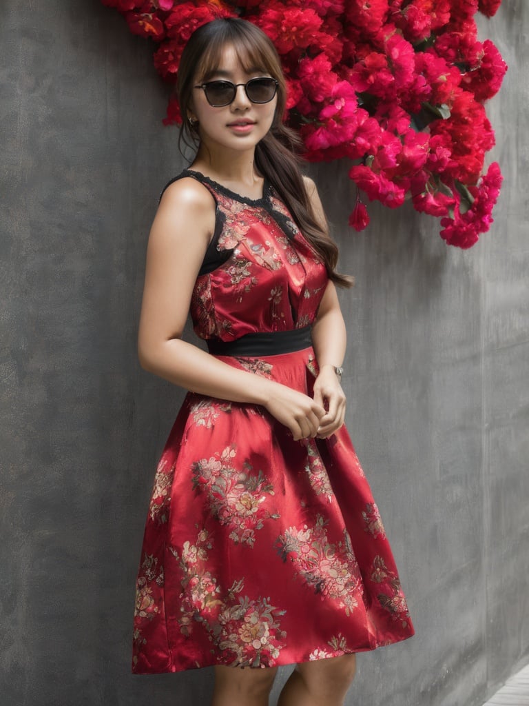 beautiful hair, a portrait of a southeast asian beautiful girl with medium length brown hair, posing, full body, ponytail hair, face to the viewer, friendly looking, highly detailed face by greg rutkowski and magali villanueve, perfect face, beautiful eyes, black sunglasses, great propotion body, red and black flowery mini dress, toned body, full length frame, High detail RAW color art, colorful, sharp focus, hyperrealism, cinematic lighting, epic movie poster, Hyperrealism, photography, intricate details, masterpiece,, <lora:3un_SDXL_v1-0000010:1:1>