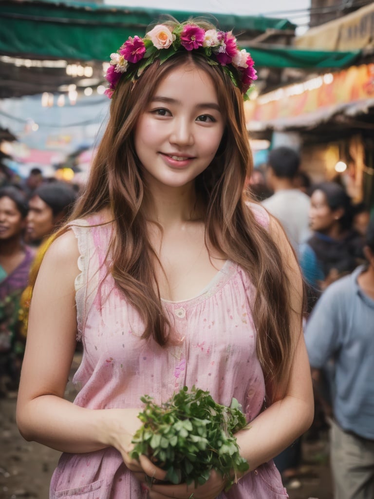 A pretty girl in a crowded slum market,wear a flower  crown, smiling,market vendors, upper body, detailed clothes, green eyes, long flowing hair, shiny skin, subsurface scattering, (sharp:0. 7), ultra-detailed, real-life texture, dramatic lighting, dynamic composition, unreal engine, Nikon D850,   <lora:3un_SDXL_v1-0000010:1:1>