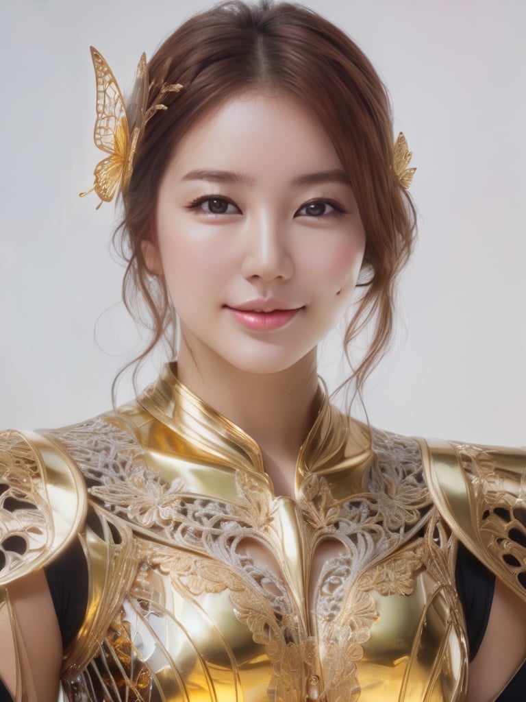 8k portrait of beautiful cyborg with brown hair, intricate,smiling, elegant, highly detailed, majestic, digital photography, art by artgerm and ruan jia and greg rutkowski surreal painting gold butterfly filigree, broken glass, (masterpiece, sidelighting, finely detailed beautiful eyes: 1.2), hdr, <lora:3un_SDXL_v1-0000010:1:1>