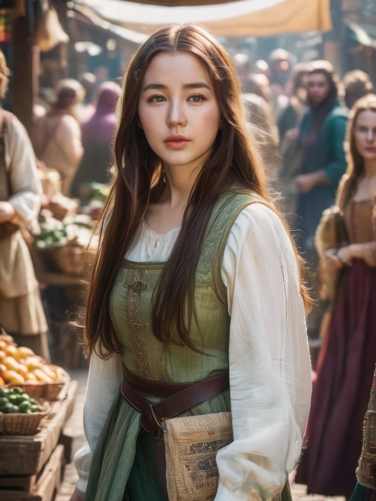 A pretty girl in a crowded medieval market, market vendors, upper body, detailed clothes, green eyes, long flowing hair, shiny skin, subsurface scattering, (sharp:0. 7), ultra-detailed, real-life texture, dramatic lighting, dynamic composition, unreal engine, Nikon D850,   <lora:3un_SDXL_v1-0000010:1:1>