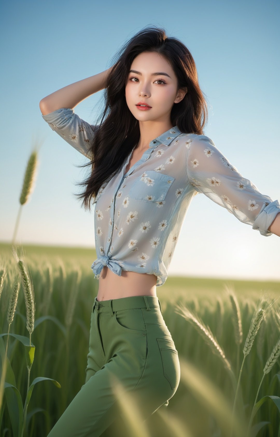 Ultra-high skin detail, Perfect facial details，black hair, big hair, clover hair ornament, mole under eye, light smile, head out of frame, projected inset, f/1.8, 135mm, Fujifilm,Under the blue sky, In a green wheat field, a girl in a floral shirt and jeans is dancing，solo，(Long legs:1.2),Printed trousers，The background is the wheat field. Dusk, lens flare, cinematic lighting, UHD, anatomically correct, textured skin, high details, award winning，