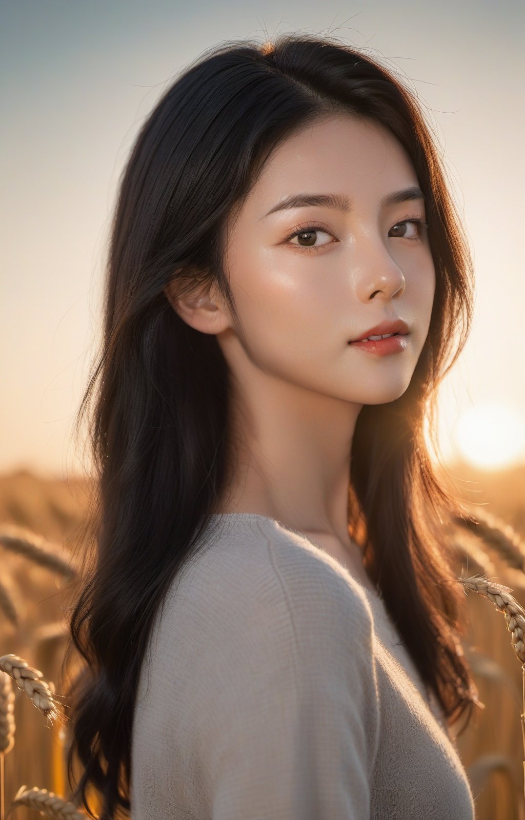 Ultra-high skin detail, Perfect facial details，black hair, big hair, clover hair ornament, mole under eye, light smile, head out of frame, projected inset, f/1.8, 135mm, Fujifilm,1girl，solo，(Long legs:1.2), The background is the wheat field. Dusk, lens flare, cinematic lighting, UHD, anatomically correct, textured skin, high details, award winning，Orange sky, The setting sun，