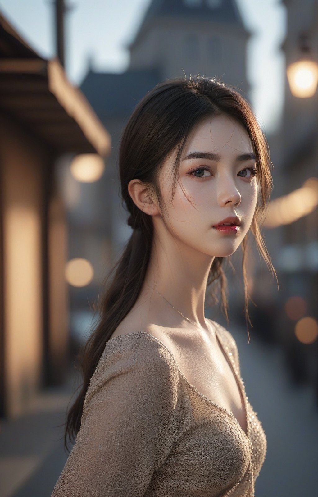 RAW photo, realistic, exquisitely detailed skin, extremely realistic skin texture,(full body:1.2),1girl, detailed lighting, contrast, immersive atmosphere, film grain,(Street view:1.2),( Lens spot:1.2)，