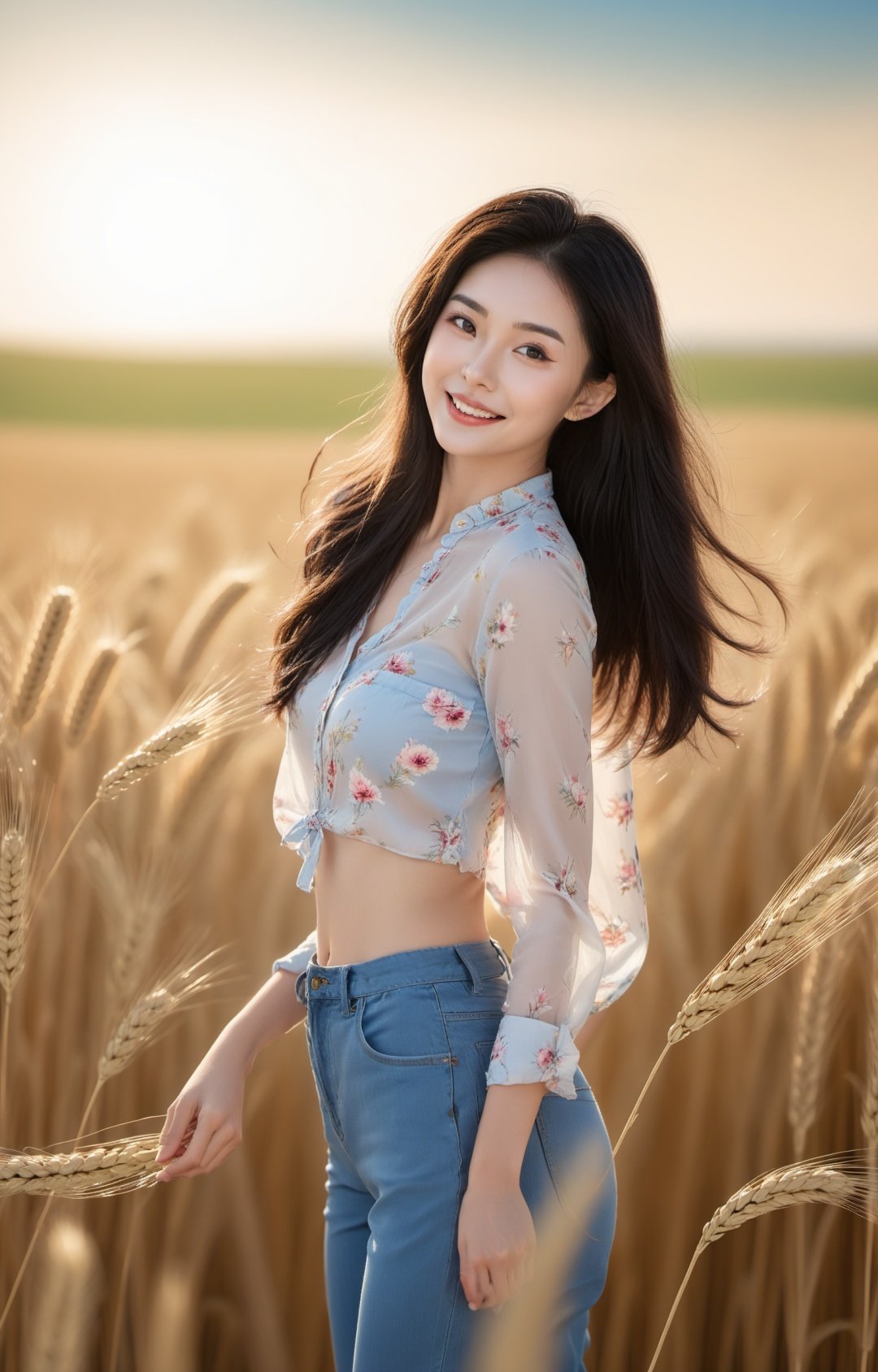 Ultra-high skin detail, Perfect facial details，black hair, big hair, clover hair ornament, mole under eye, light smile, head out of frame, projected inset, f/1.8, 135mm, Fujifilm,Under a blue sky, a girl in a floral shirt and jeans is dancing in a golden wheat field, Rhythm, Smile, Flowing hair, Baiyun, The sun shines on the hair，solo，(Long legs:1.2),Printed trousers，The background is the wheat field. Dusk, lens flare, cinematic lighting, UHD, anatomically correct, textured skin, high details, award winning，plump,