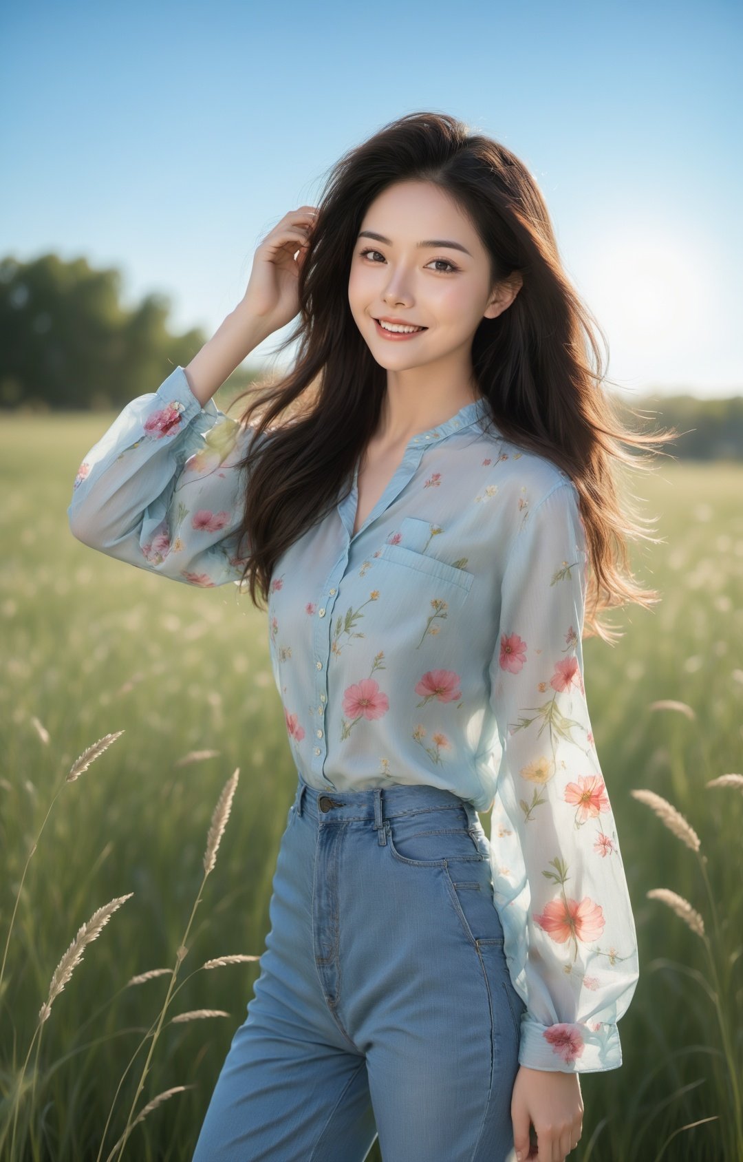 Ultra-high skin detail, Perfect facial details, black hair, big hair, clover hair ornament, mole under eye, light smile, (blue sky:1.3), A girl in a floral shirt and jeans dances in a tall patch of grass, The grass sways with the wind, Smile, Flowing hair, The sun shines on the hair, solo, There is a tree with a large crown in the background，(Long legs:1.2), Printed trousers, plump, head out of frame, projected inset, f/1.8, 135mm, Fujifilm, UHD, anatomically correct, textured skin, high details, award winning