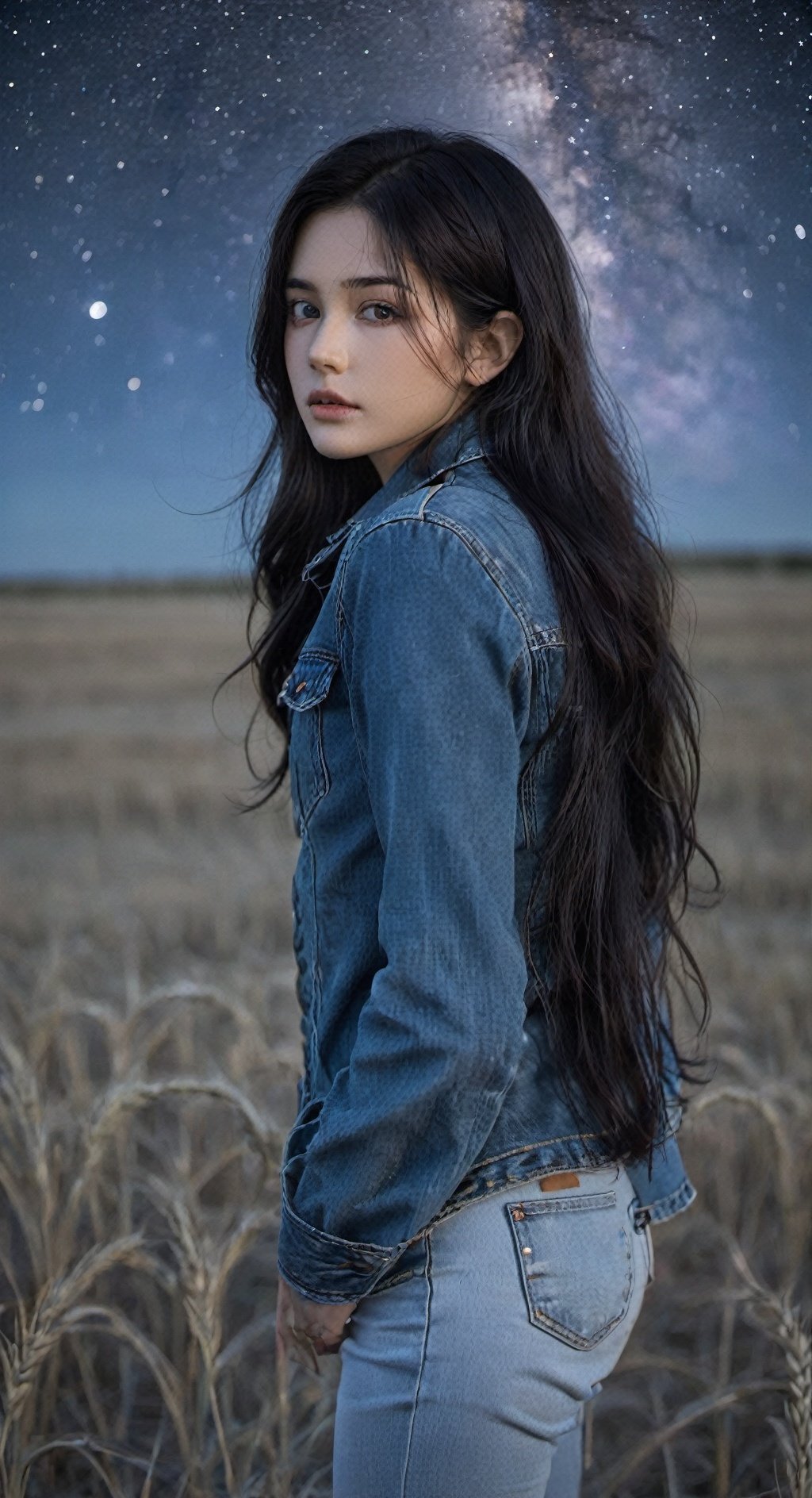 cowboy shot，Canon RF85mm f/1.2,1girl, solo, realistic, long hair, denim, black hair,by artist Aliza Razell:1.5),Absolute field,sky,night,Galaxy,simple background,