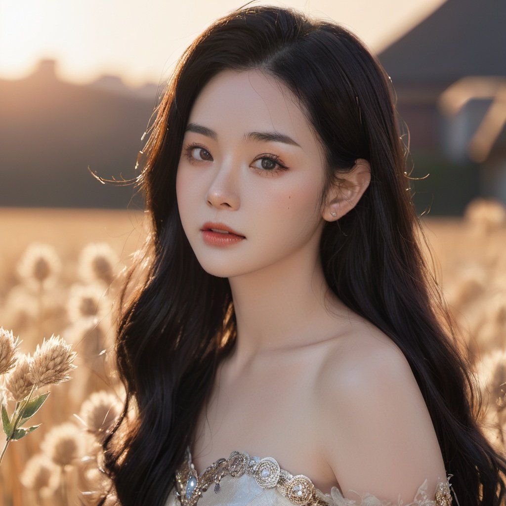 Ultra-high skin detail, Perfect facial details,black hair, big hair, clover hair ornament, mole under eye, light smile, head out of frame, projected inset, f/1.8, 135mm, Fujifilm,1girl,solo,(Long legs:1.2), The background is the wheat field. Dusk, lens flare, cinematic lighting, UHD, anatomically correct, textured skin, high details, award winning,Orange sky, The setting sun,