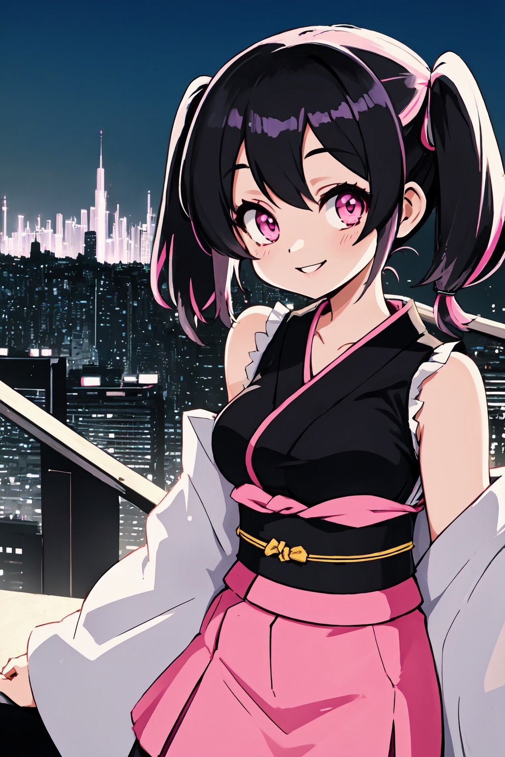 (best quality:1.2), (hyper detailed)yukimi koume, sleeveless shirt, medium breasts, off shoulder, short kimono, white kimono, smile, cityscape, twin tails, pink eyes, black hair skirt, black shirt,