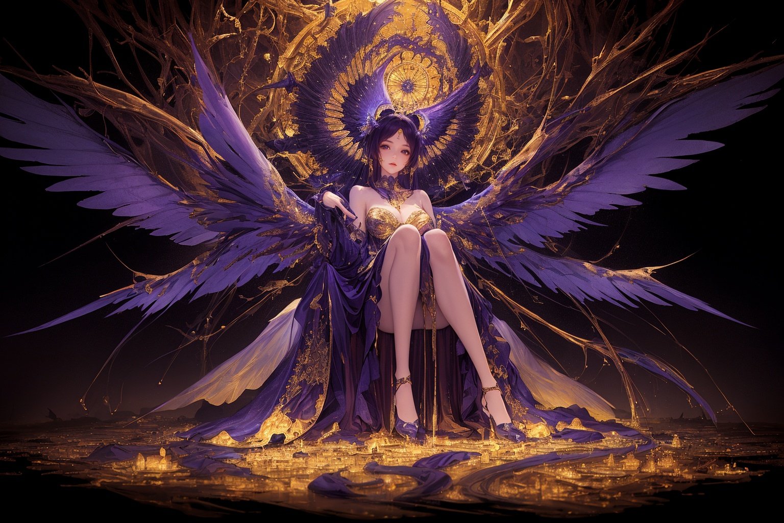 ,(((masterpiece,best quality))),((good structure,Good composition,good atomy)), ((clear, original,beautiful)), keke,fantasy theme,Purple Gold theme,fractal,wings,1girl