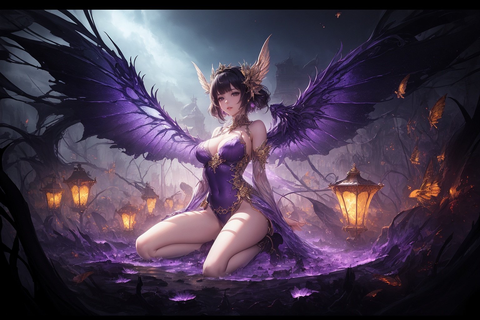 ,(((masterpiece,best quality))),((good structure,Good composition,good atomy)), ((clear, original,beautiful)), keke,fantasy theme,Purple Gold theme,fractal,wings,1girl