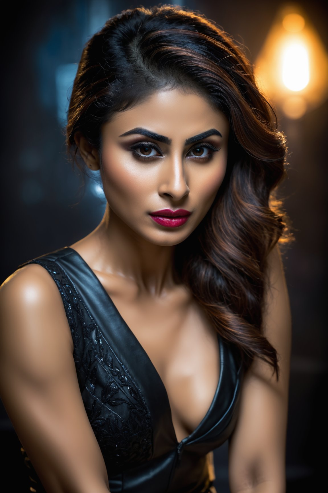 An indescribable emotion, Dark moody lighting, macro photography, cyberpunk, 32K, high resolution,mouni roy