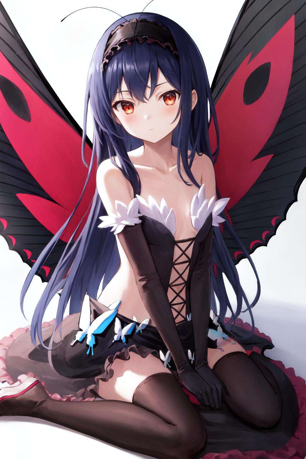 masterpiece, best quality, highres, 1girl, hairband black dress frills black gloves elbow gloves butterfly wings <lora:kuroyukihime:1> sitting, wariza