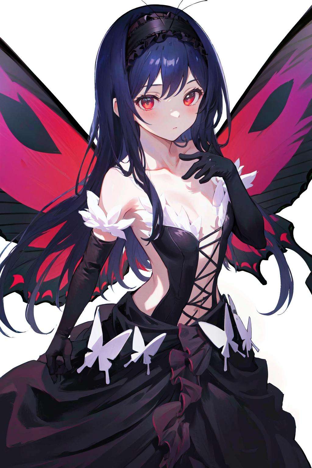 masterpiece, best quality, highres, 1girl, hairband black dress frills black gloves elbow gloves butterfly wings <lora:kuroyukihime:1> simple background