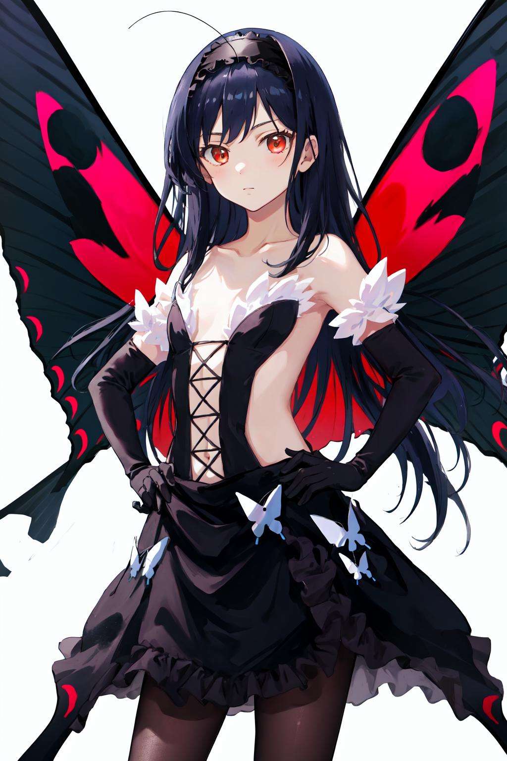 masterpiece, best quality, highres, 1girl, hairband black dress frills black gloves elbow gloves butterfly wings <lora:kuroyukihime:1> hand on hip