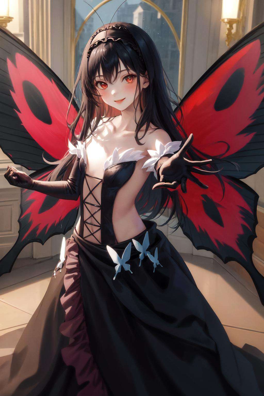 masterpiece, best quality, highres, 1girl, hairband black dress frills black gloves elbow gloves butterfly wings <lora:kuroyukihime:1> smile, outstretched arm