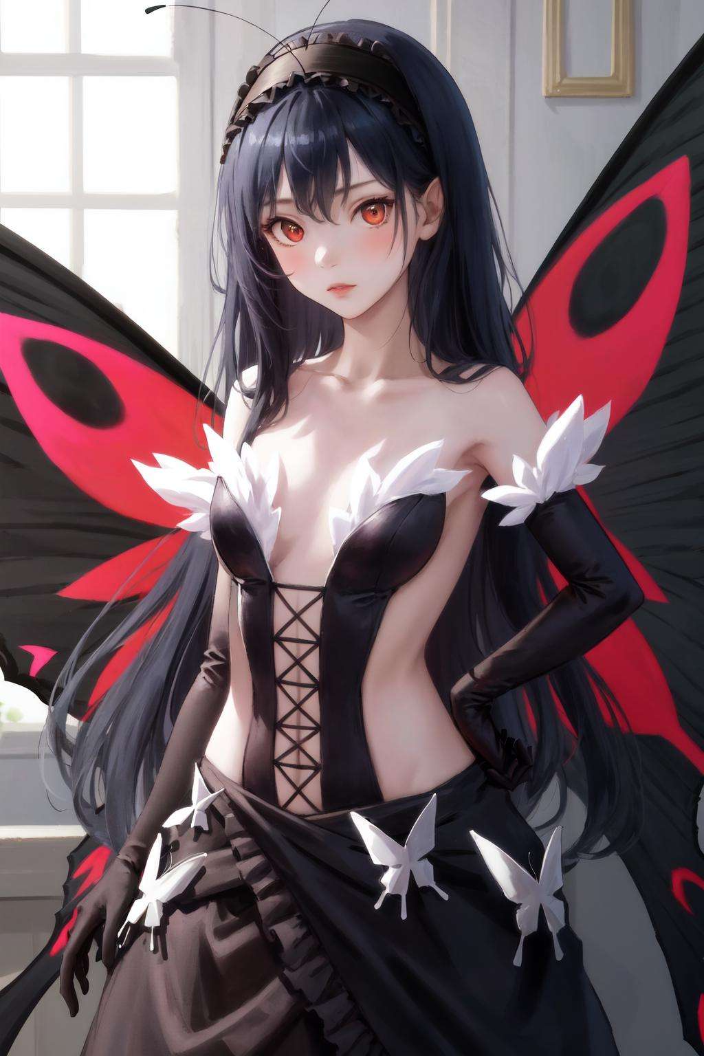 masterpiece, best quality, highres, 1girl, hairband black dress frills black gloves elbow gloves butterfly wings <lora:kuroyukihime:1> hand on hip