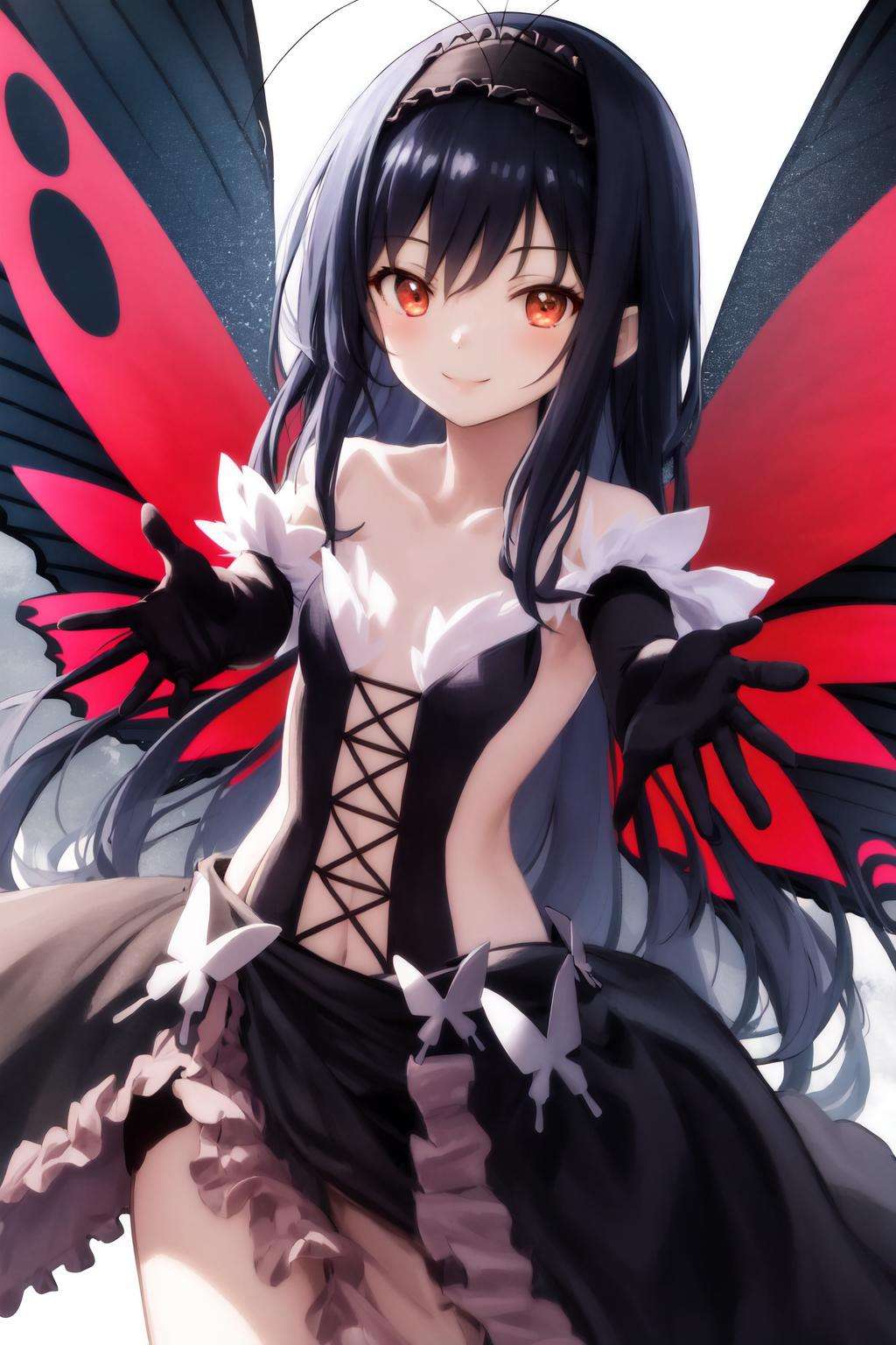 masterpiece, best quality, highres, 1girl, hairband black dress frills black gloves elbow gloves butterfly wings <lora:kuroyukihime:1> outstretched arms, smile, reaching out