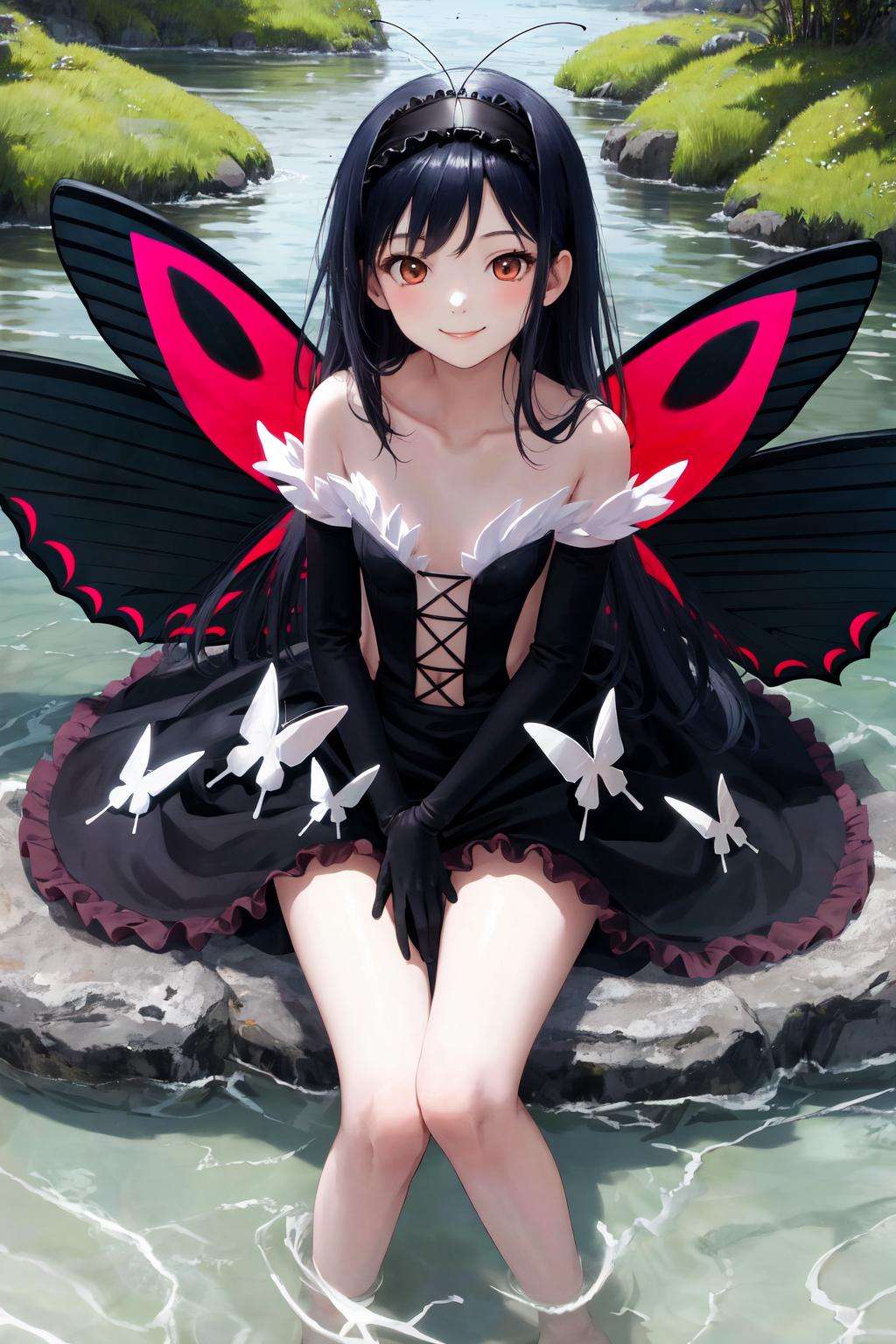 masterpiece, best quality, highres, 1girl, hairband black dress frills black gloves elbow gloves butterfly wings <lora:kuroyukihime:1> sitting, outdoors, wading, smile, bare legs