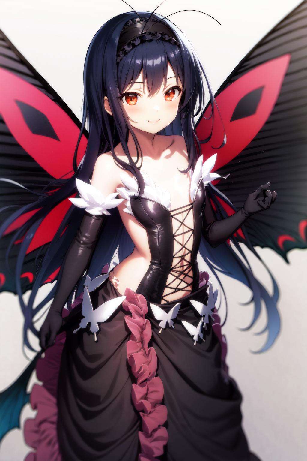 masterpiece, best quality, highres, 1girl, hairband black dress frills black gloves elbow gloves butterfly wings <lora:kuroyukihime:1> smile