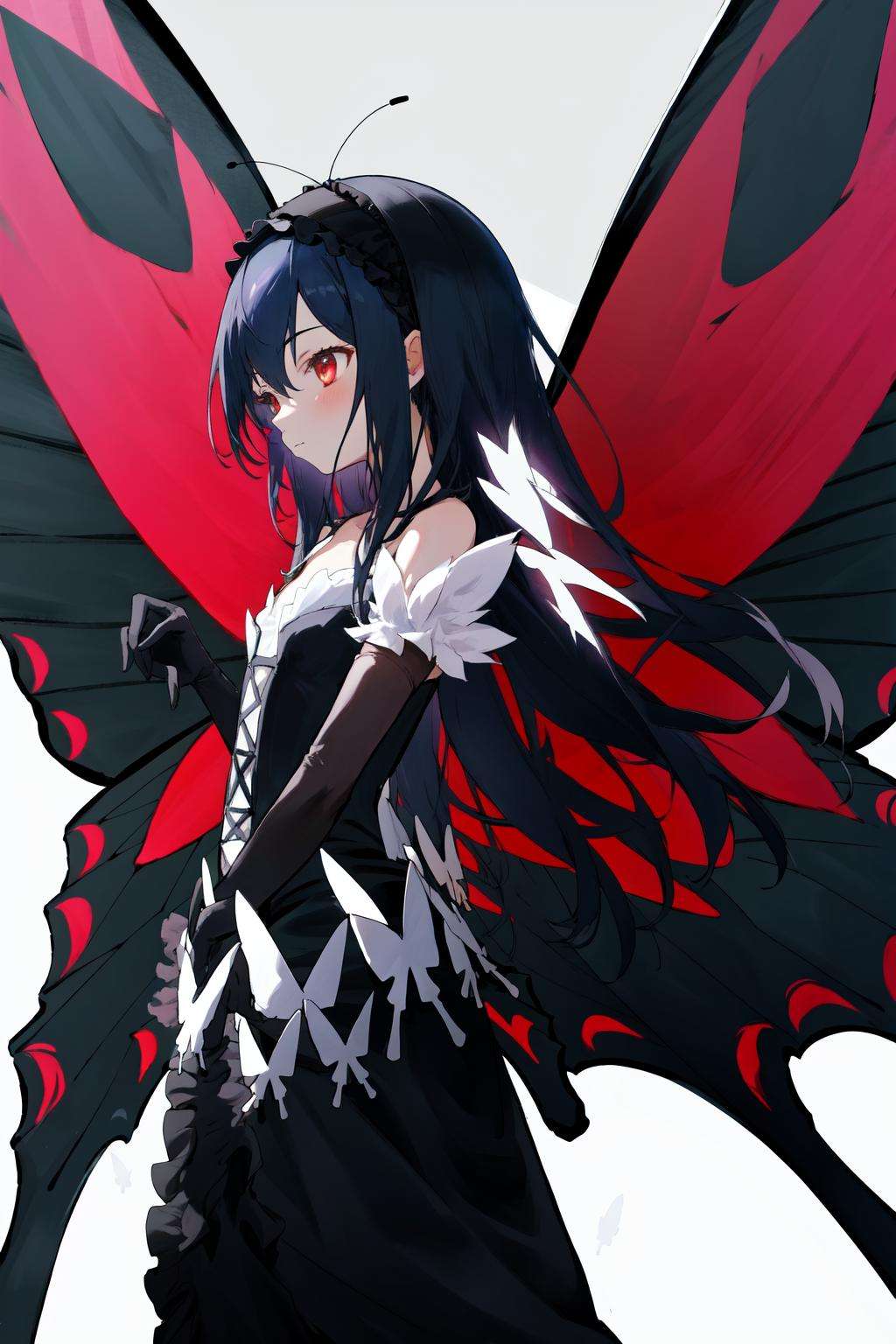 masterpiece, best quality, highres, 1girl, hairband black dress frills black gloves elbow gloves butterfly wings <lora:kuroyukihime:1> from side