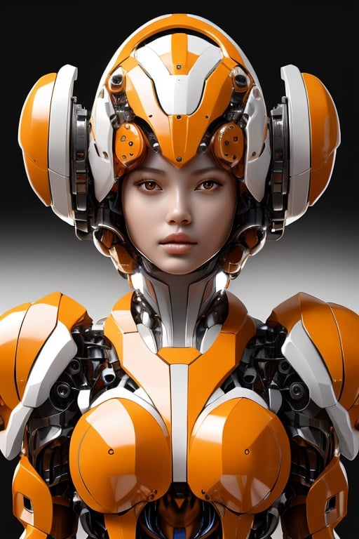 helmet, robot,1girl, solo, looking at viewer, science fiction, black background, realistic, straight-on, lips, helmet, upper body, brown eyes, simple background <lora:lora_orange-000018:0.6>