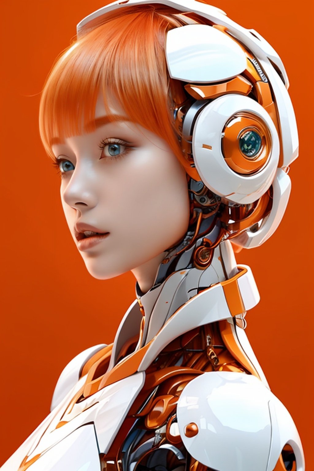 helmet, robot,1girl, solo, orange hair, blue eyes, lips, parted lips, short hair, bangs, from side