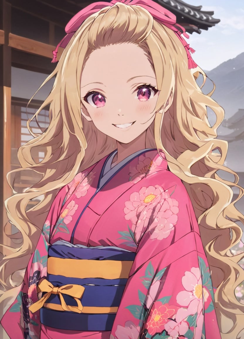 masterpiece, high quality, highres, 1girl, solo, kaya, hair ribbon, kimono, pink kimono, obi, floral print, wavy hair, cowboy shot, outdoors, looking at viewer, <lora:training_model:0.7>, smile, 