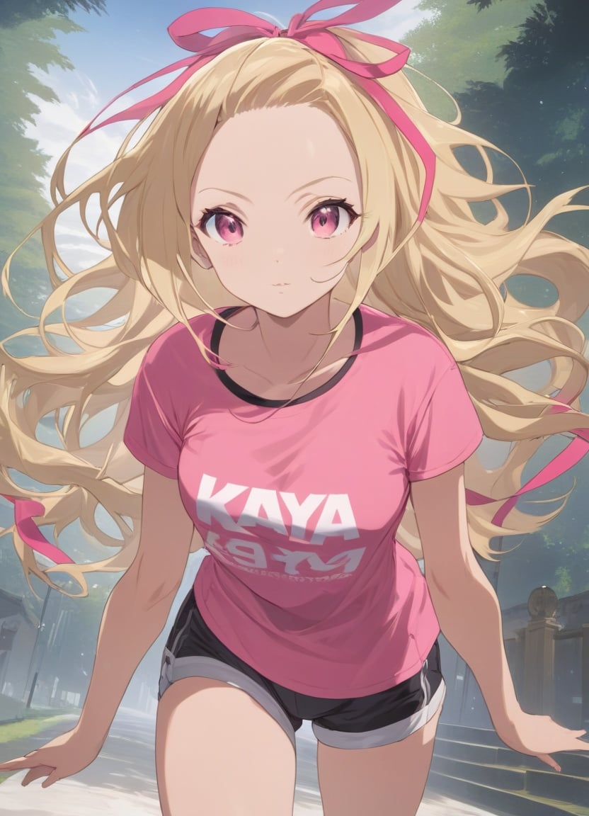 masterpiece, high quality, highres, 1girl, solo, kaya, blonde hair, hair ribbon, t-shirt, pink t-shirt, shorts, wavy hair, upper body, looking at viewer, dynamic pose, dynamic angle, outdoors, medium breast,  <lora:kayaxl:0.7>