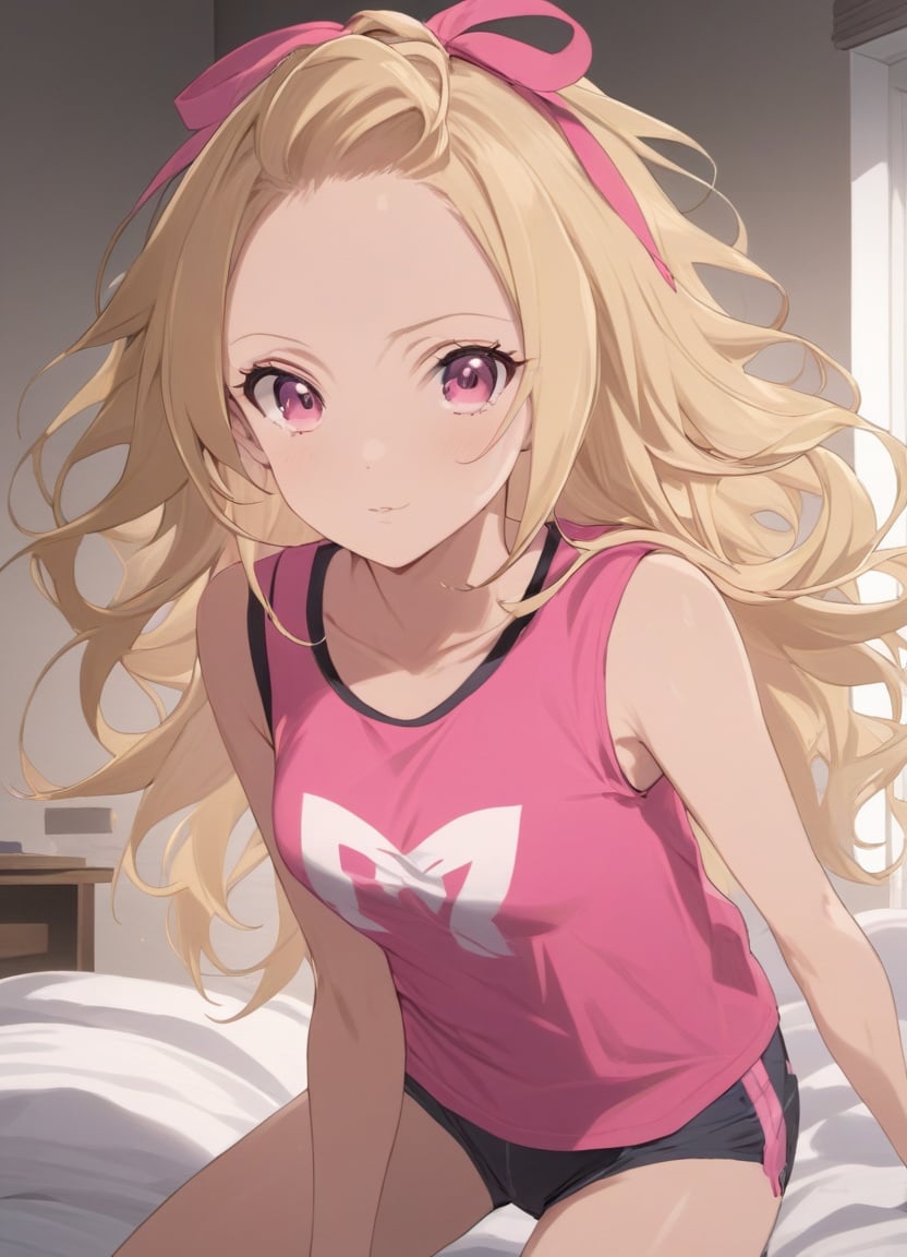 masterpiece, high quality, highres, 1girl, solo, kaya, blonde hair, hair ribbon, t-shirt, sleeveless, pink t-shirt, shorts, wavy hair, upper body, looking at viewer,  dynamic angle, indoors, bedroom, medium breast,  <lora:training_model:0.7>