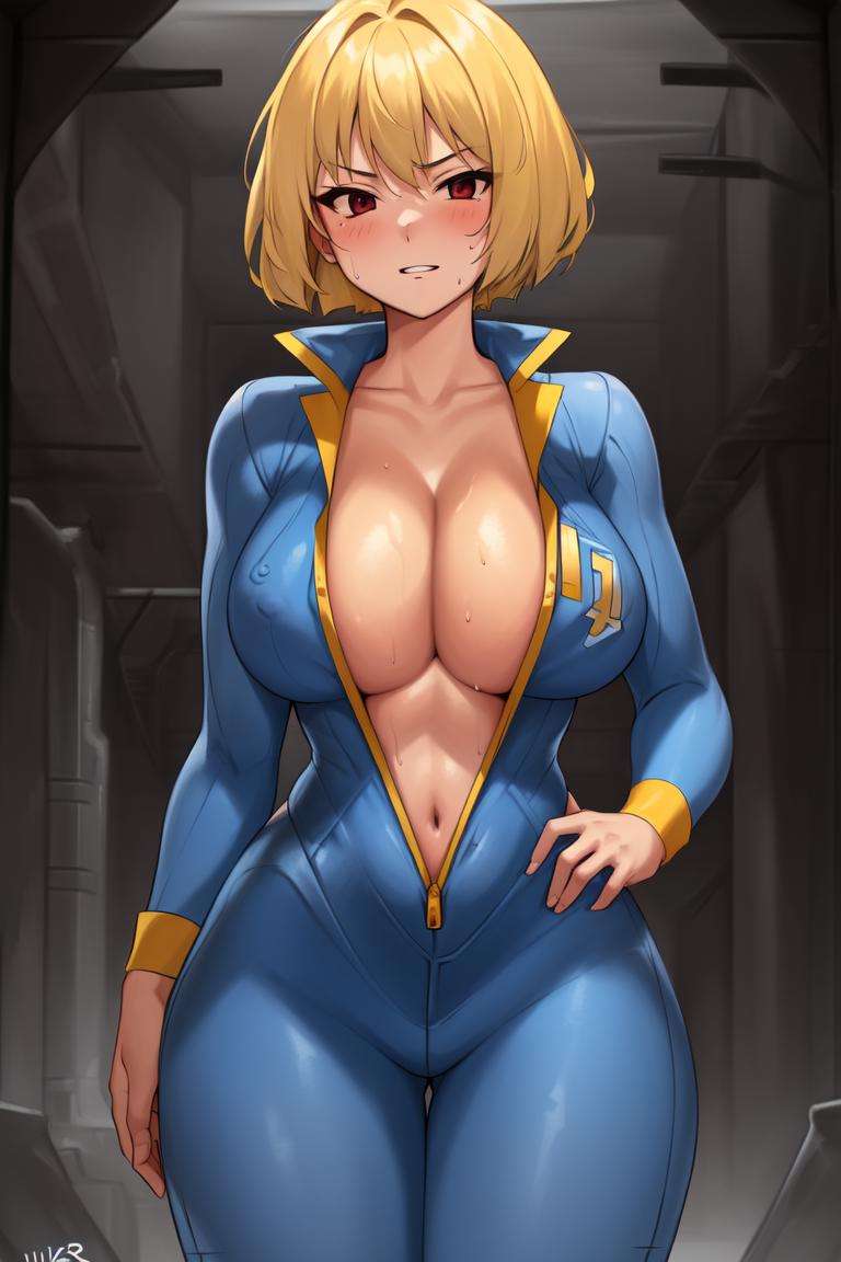 <lora:VaultGirlV2-000012:1>, Vault_girl, blue_and_yellow_Vault_Jumpsuit, Unzipped_jumpsuit, 1girl, breasts, cleavage, solo, blonde_hair, short_hair, sweat, black_eyes, 