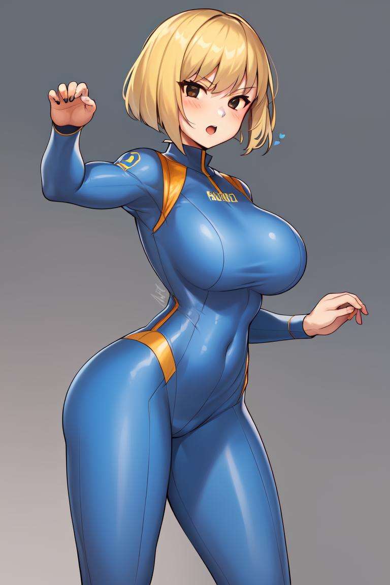 <lora:VaultGirlV2-000012:1>, Vault_girl, blue_and_(yellow:0.7)_Vault_Jumpsuit, 1girl, breasts, solo, blonde_hair, short_hair, black_eyes,  taut_clothes,  blue_bodysuit