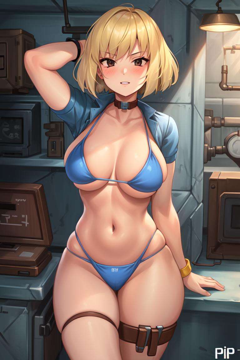 <lora:VaultGirlV2-000012:1>, Vault_girl, blue_bikini, 1girl, breasts, solo, blonde_hair, short_hair, black_eyes,  pip_boy on wrist