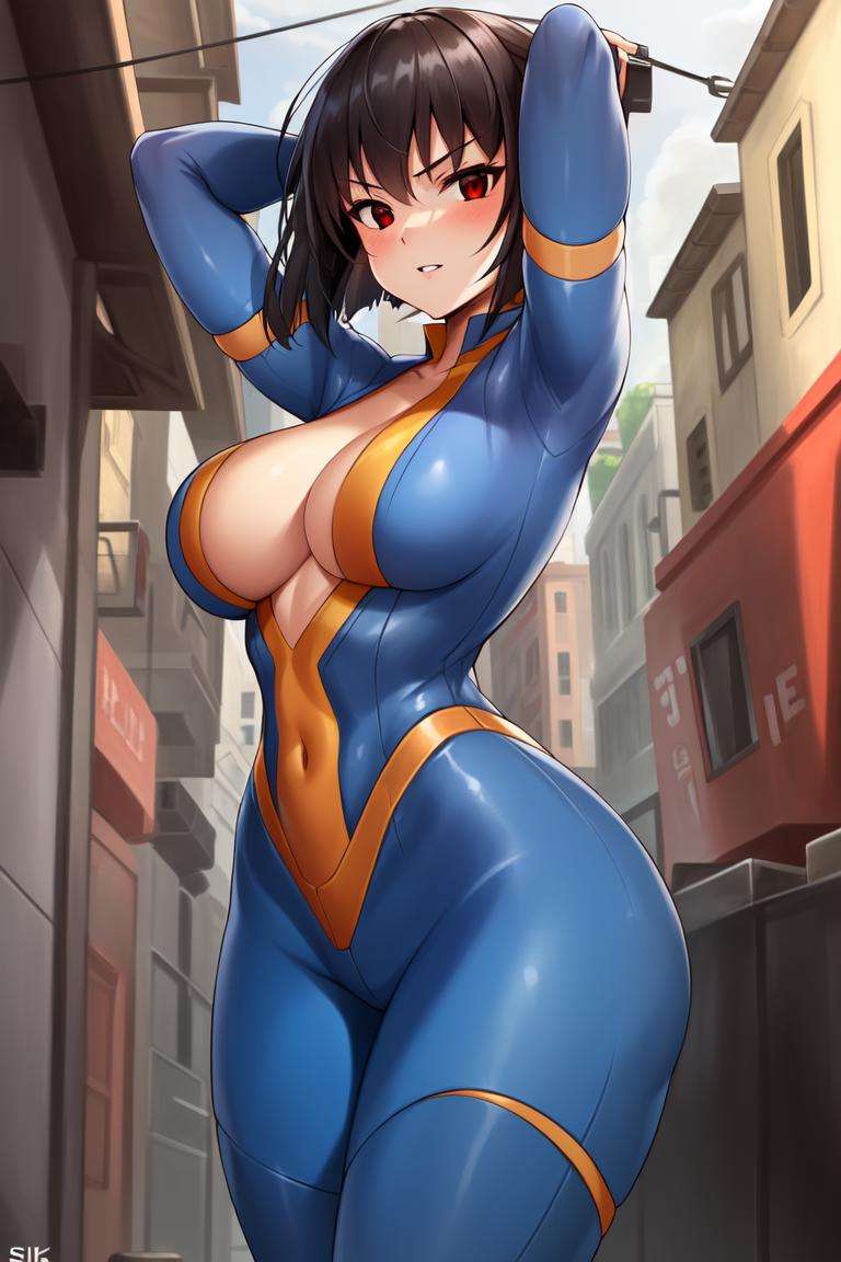 <lora:VaultGirlV2-000012:1>, Vault_girl, Vault_jumpsuit,, 1girl, breasts, solo, black_hair, red_eyes