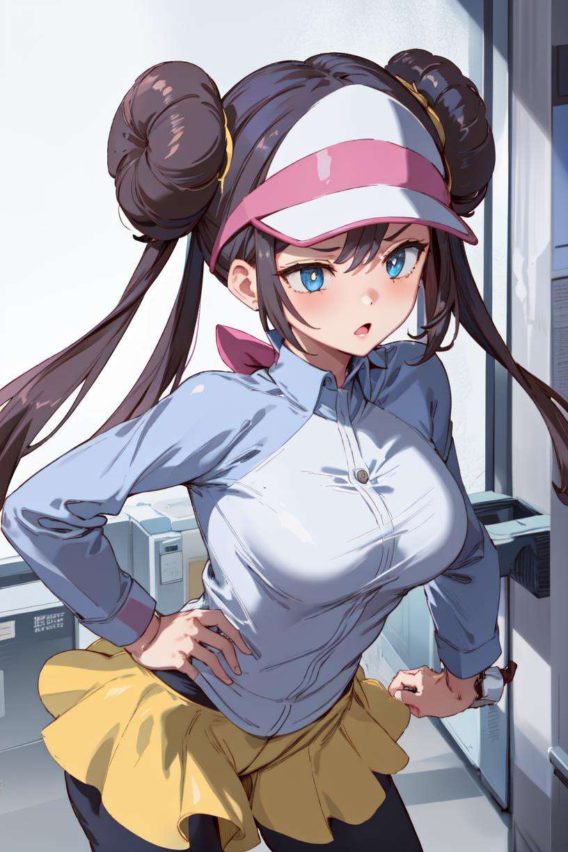 ((1girl)),school uniform,<lora:Ticket-000001:1>,ro1,hair bun,blue eyes,twintails,visor cap,ro1,hair bun,blue eyes,twintails,visor cap,pantyhose,raglan sleeves,yellow shorts,shirt,pink bow,wristwatch,<lora:rosa_(pokemon)_v10:1>,