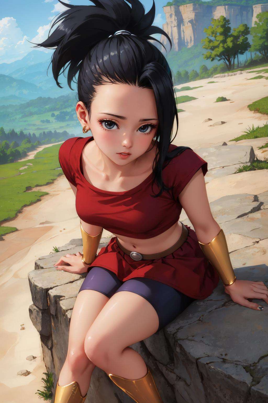 masterpiece, best quality, defKale, ponytail, crop top, bracer, red skirt, shorts under skirt, sitting, boots, looking at viewer, rock formations, from above <lora:kale-nvwls-v1-000011:1>