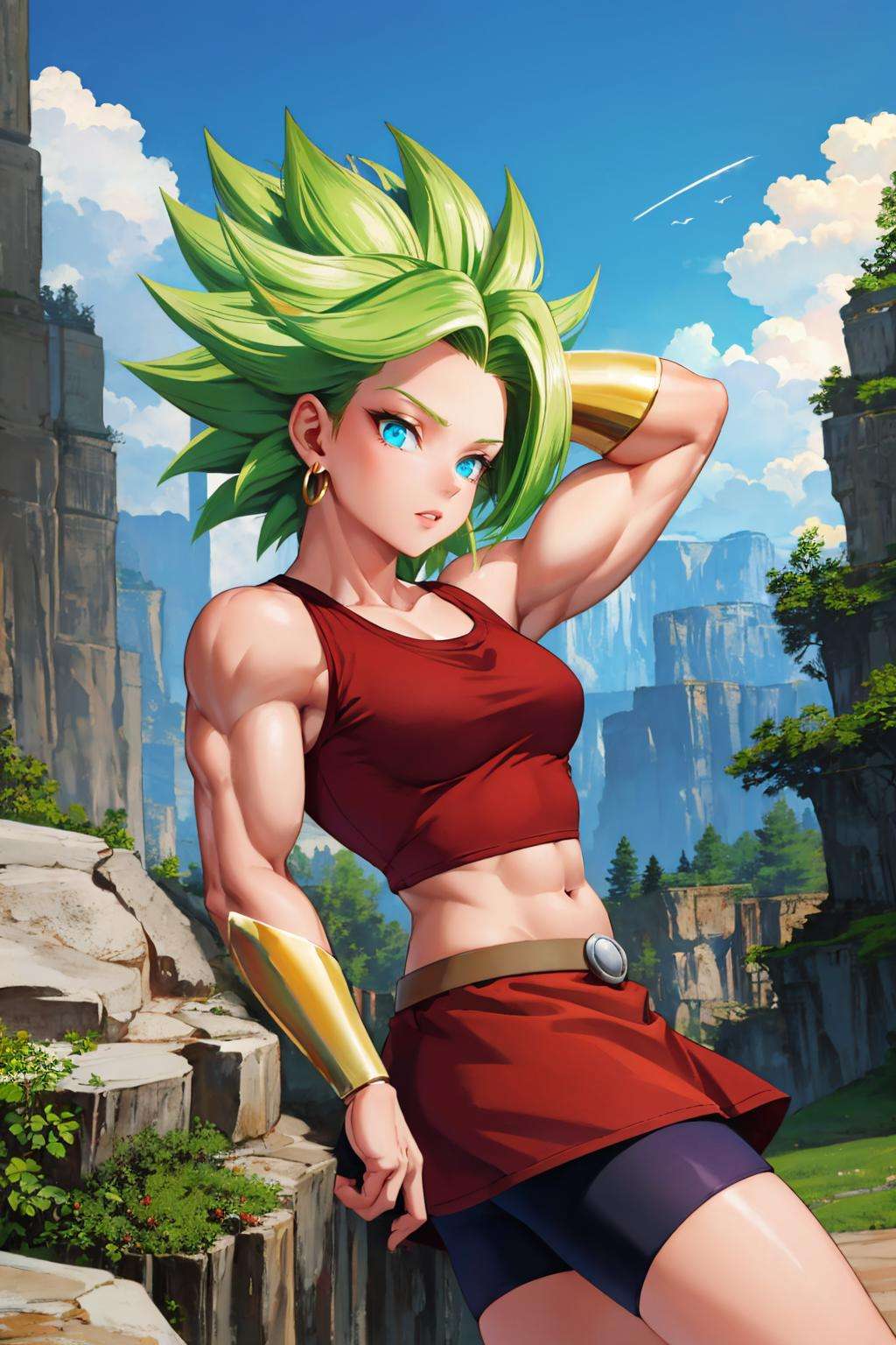 masterpiece, best quality, ssj2kale, green hair, red tank top, bracer, red skirt, shorts under skirt, midriff, flexing, looking at viewer, green sky, alien planet, rock formations, standing <lora:kale-nvwls-v1-000011:0.9>