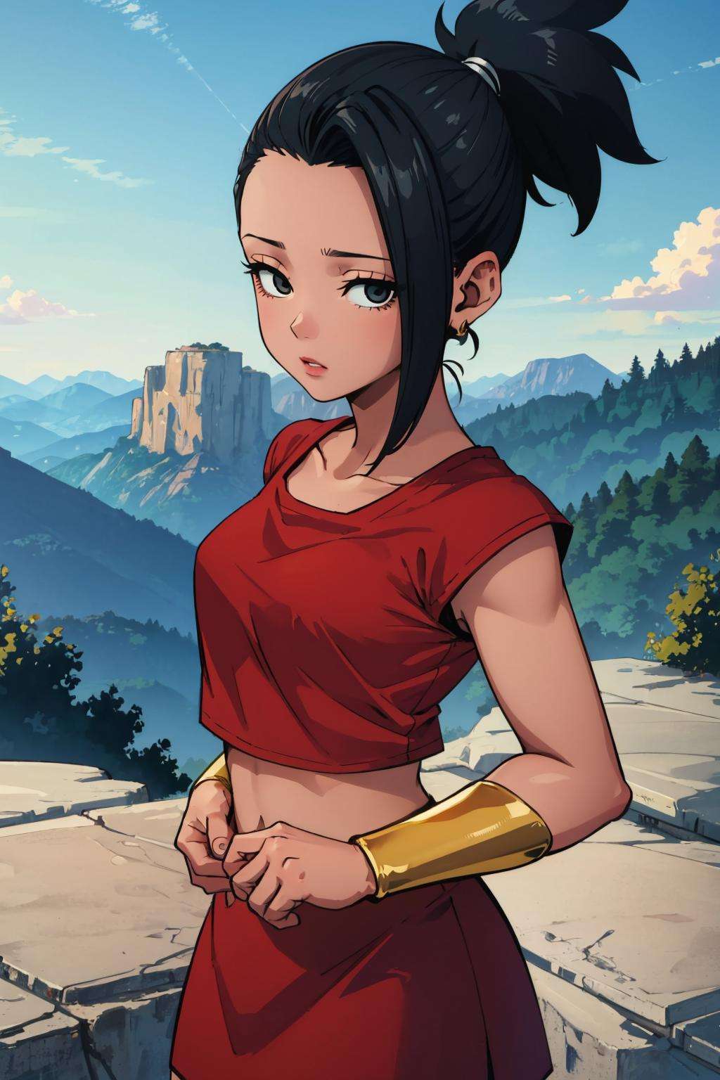 masterpiece, best quality, defKale, black eyes, ponytail, crop top, bracer, red skirt, upper body, standing, looking at viewer, nervous, green sky, mountains, rock formations, from above, close-up <lora:kale-nvwls-v1-000011:1>