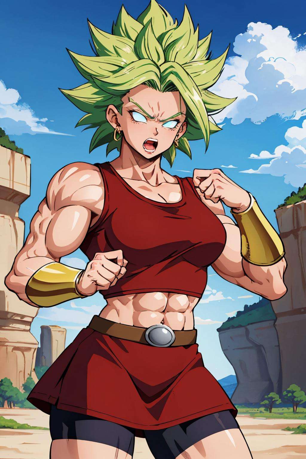 masterpiece, best quality, berserkKale, green hair, muscular female, no pupils, red tank top, red skirt, bracer, midriff, shorts under skirt, looking at viewer, open mouth, furrowed brow, angry, rock formations, standing <lora:kale-nvwls-v1-000011:0.9>