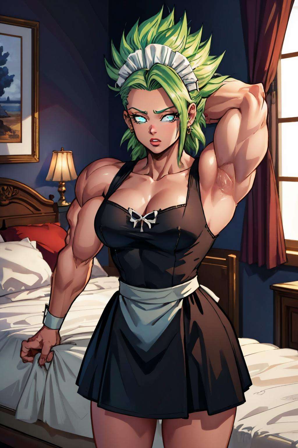 masterpiece, best quality, berserkKale, green hair, muscular female, (no pupils:1.5), maid outfit, maid headdress, bedroom, standing, looking at viewer <lora:kale-nvwls-v1-000011:1>