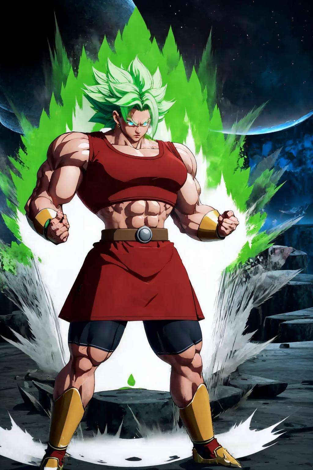 masterpiece, best quality, berserkKale, green hair, muscular female, no pupils, red tank top, red skirt, bracer, midriff, shorts under skirt, looking at viewer, black sky, rock formations, standing, ki charge, fighting stance, green aura <lora:kale-nvwls-v1-000011:0.9> <lora:DBKiCharge:0.9>