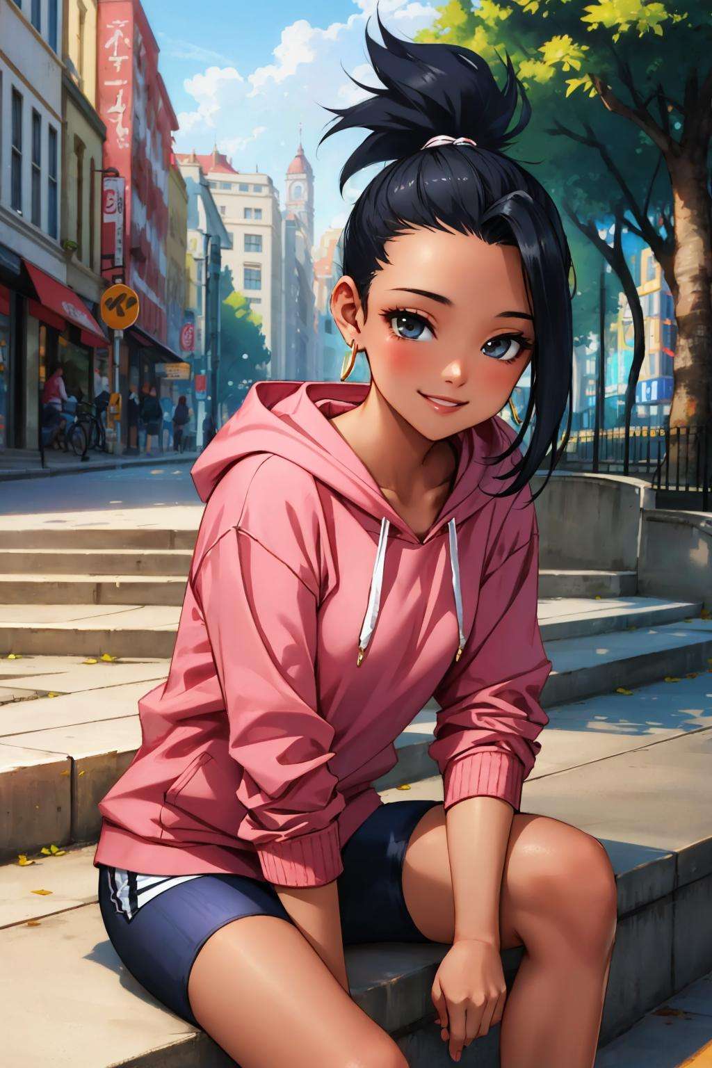 masterpiece, best quality, defKale, ponytail, pink hoodie, jean shorts, looking at viewer, smile, city street, stairs, sitting <lora:kale-nvwls-v1-000011:0.9>