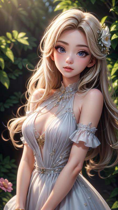 1 girl, kawaii, very long hair, soft ((glossy eyes)), sparkles, flowers, nature