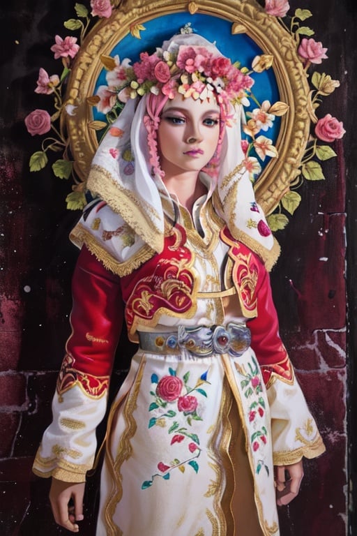 egelikadini, with flowers in her hair and a wreath of pink roses on her head, standing in front of a dark background, painted by artgerm and tom bagshaw, fantasy art, dramatic lighting, highly detailed oil painting 