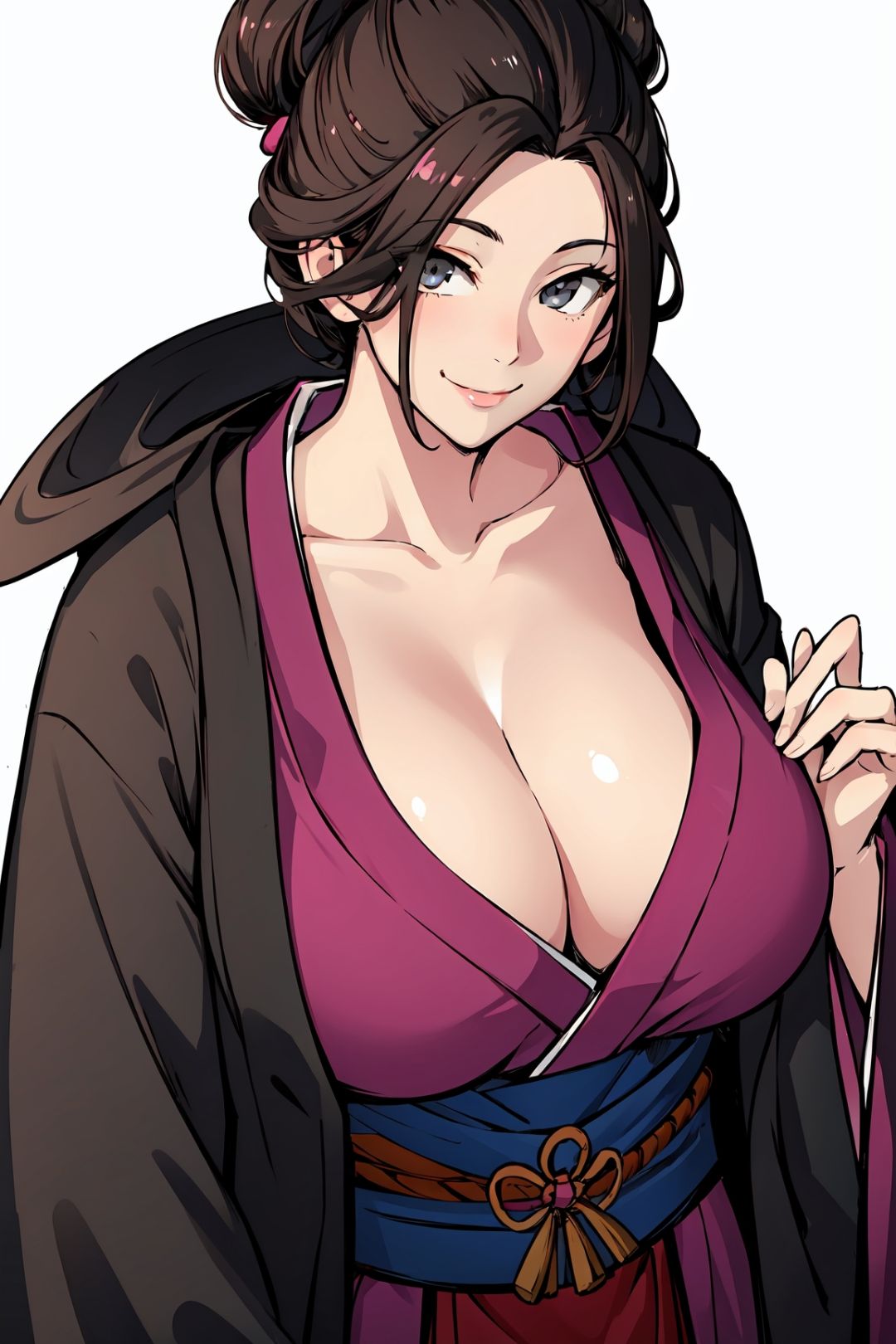 1girl, solo, japanese clothes, kimono, white background,cleavage,large breasts, looking at viewer, smile, upper body, holding, closed mouth, pink kimono, grey eyes, black hair, brown hair,realistic, haori, bangs,emma \(sekiro\),(shiny skin),(mature female:1.2),<lora:emma-v1.5-anyfinal-5ep:0.7>